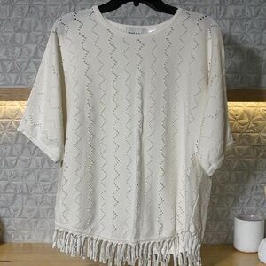 Alfred Dunn Women’s White Open Knit Sweater Boho Top Size Medium Fringe Hem